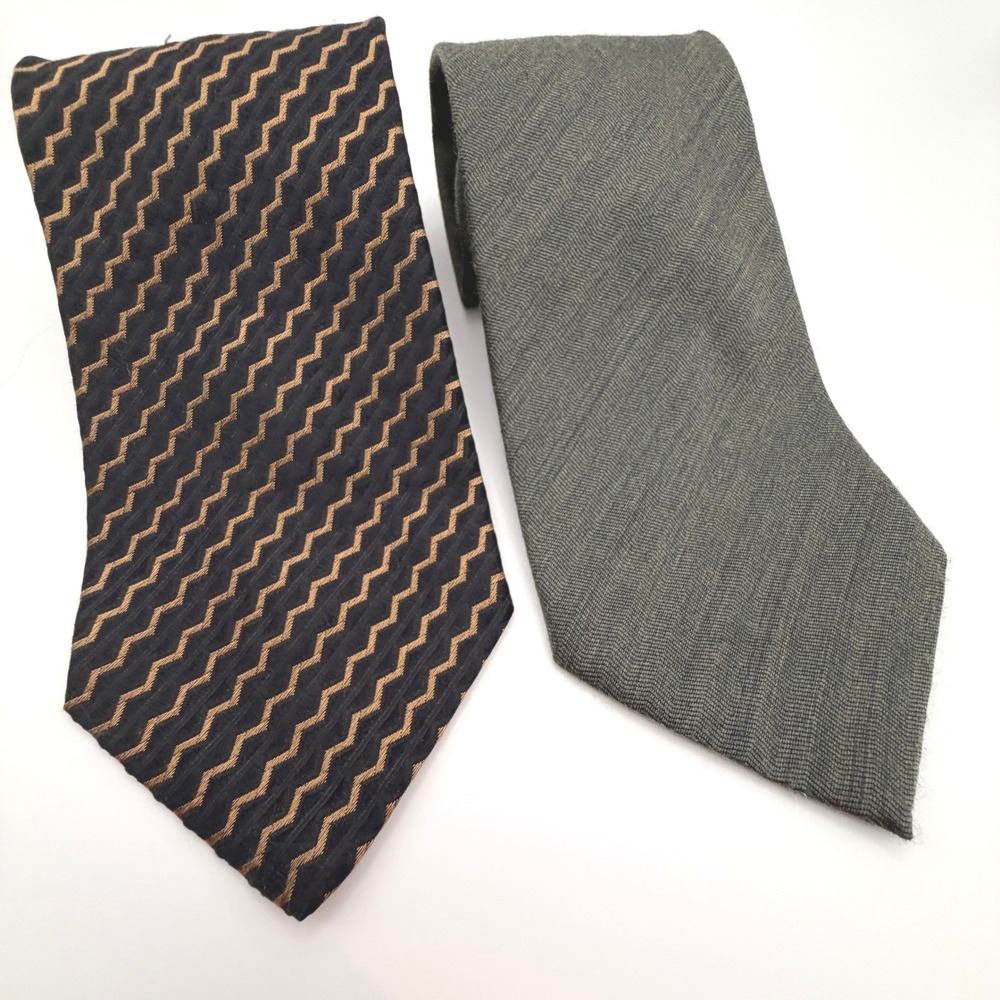 Bachrach Italy Mens Silk Tie Lot 2 Chevron Black Gold Herringbone‎ Green Gray 4"